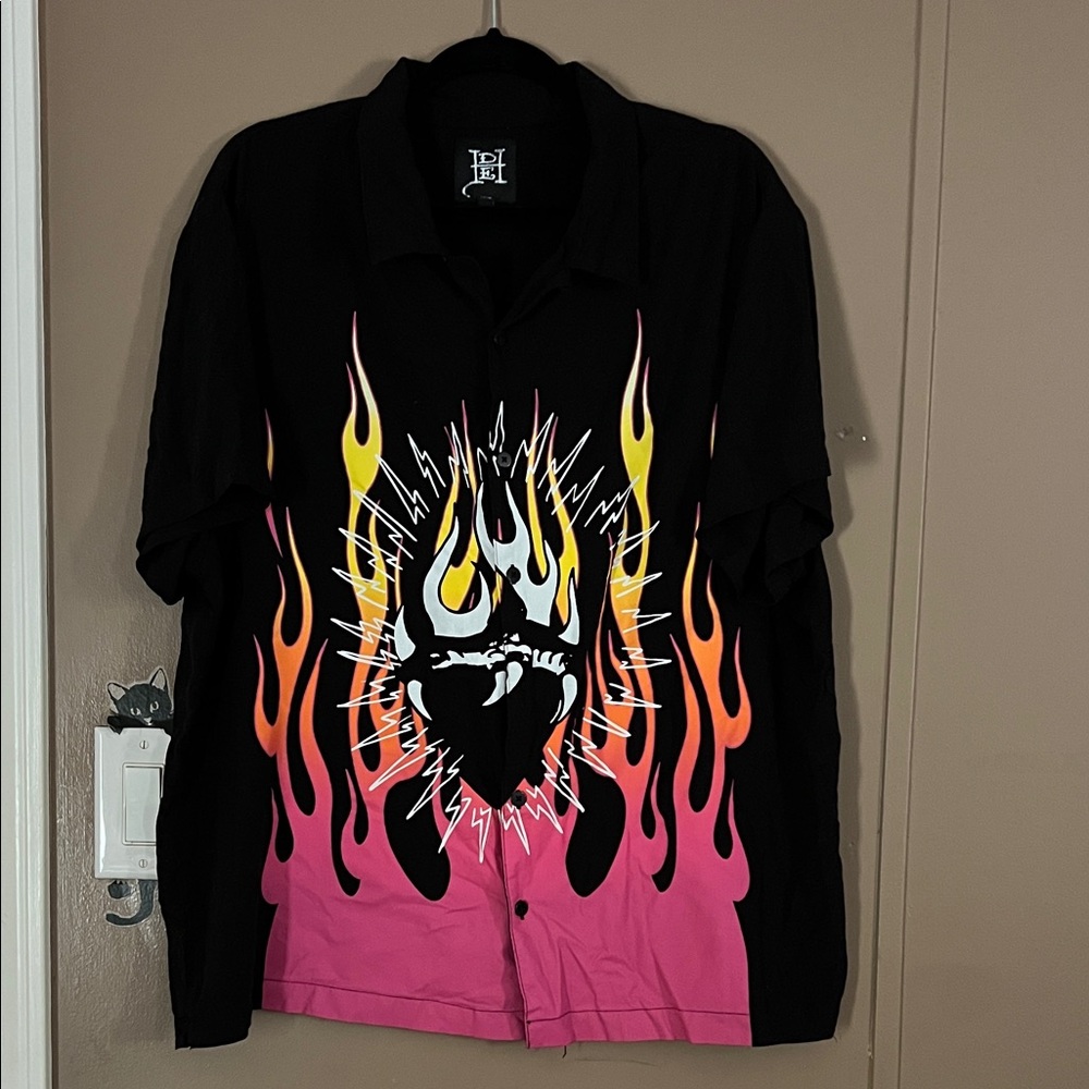 Ed Hardy Black Shirt with Pink and Orange Flame Design